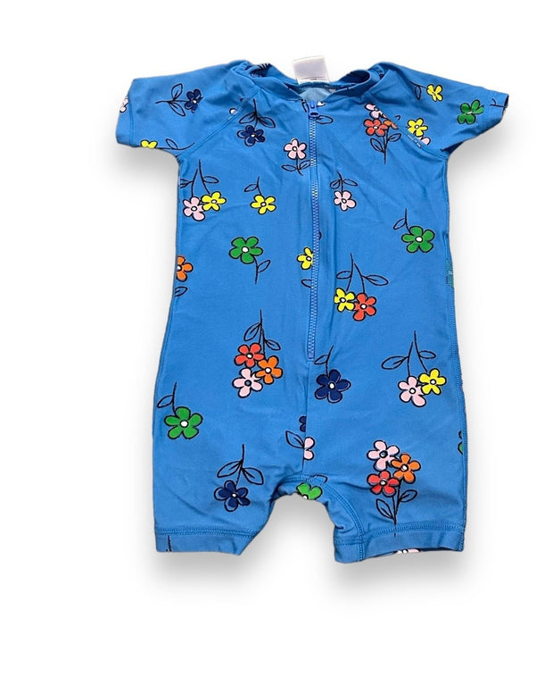 Size 12-18 month Hanna Andersson blue shortie rash guard with multicolor flowers Default Title / 12-18 month / -