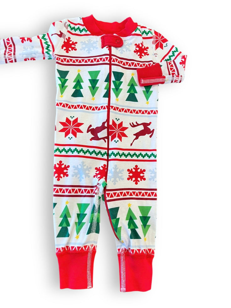 Size 6-9 month Hanna Andersson abstract green tree, reindeer, snowflake zip up pajamas Default Title / 6-9 month / -