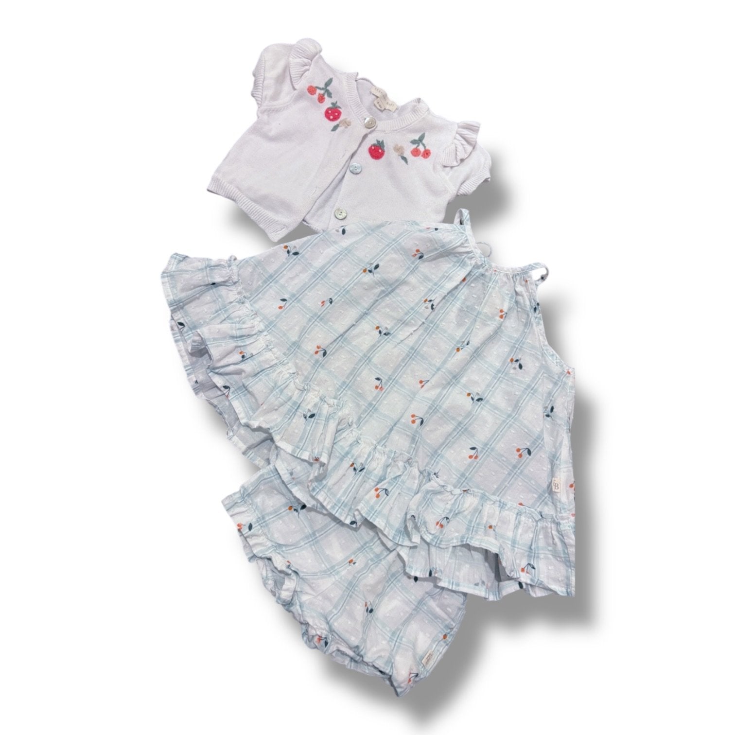 Size 6-9 month Elegant baby blue/white check dress and bloomers with cherries and cardigan set Default Title / 6-9 month / Girl