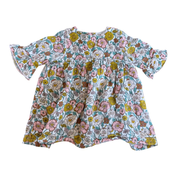 Size 6-12 month Angel Dear dress, white with pink, brown, mustard and teal flowers Default Title / 6-12 month / Girl