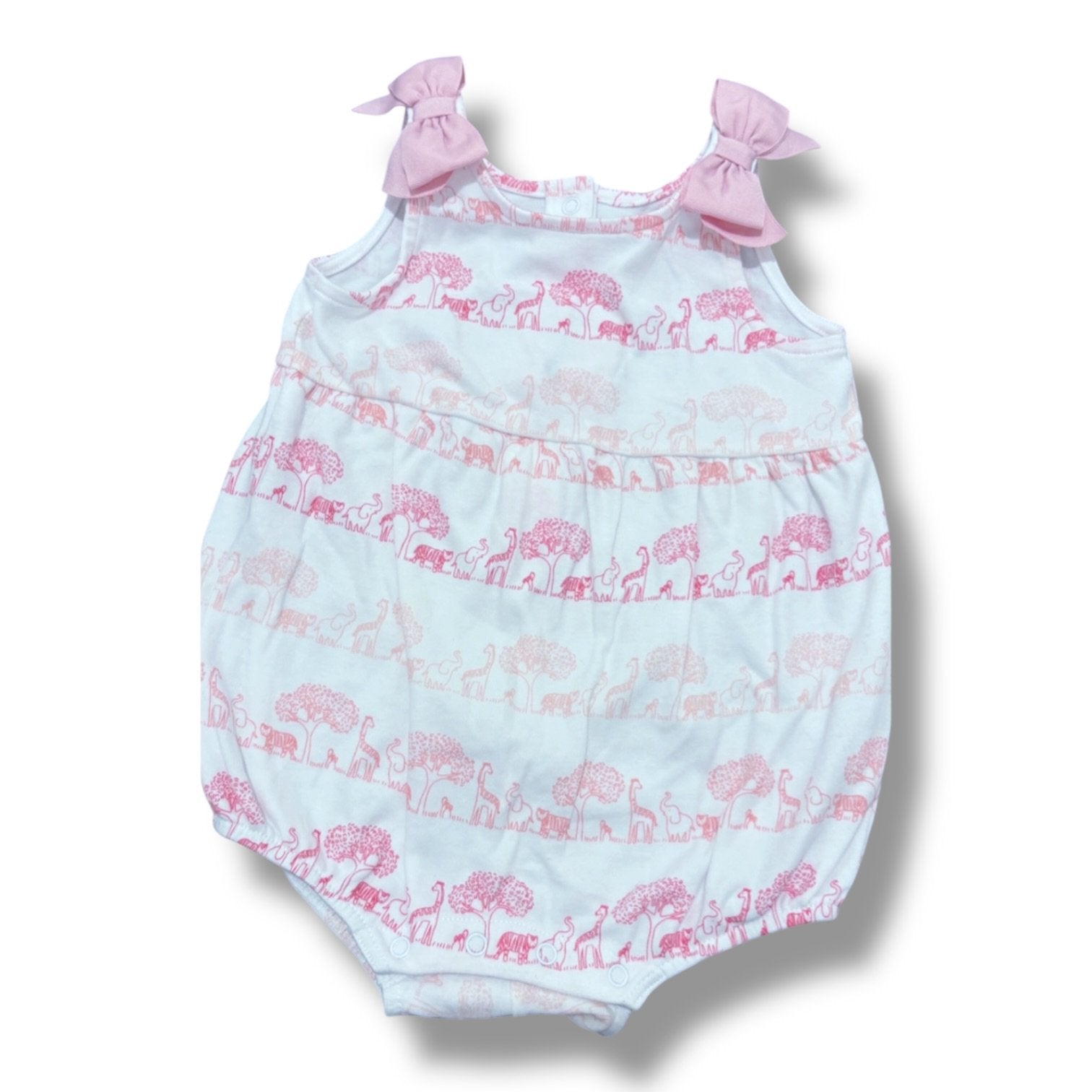 Size 6-12 month Janie and jack white knit bubble with pink safari animals with pink bows on shoulders Default Title / 6-12 month / Girl