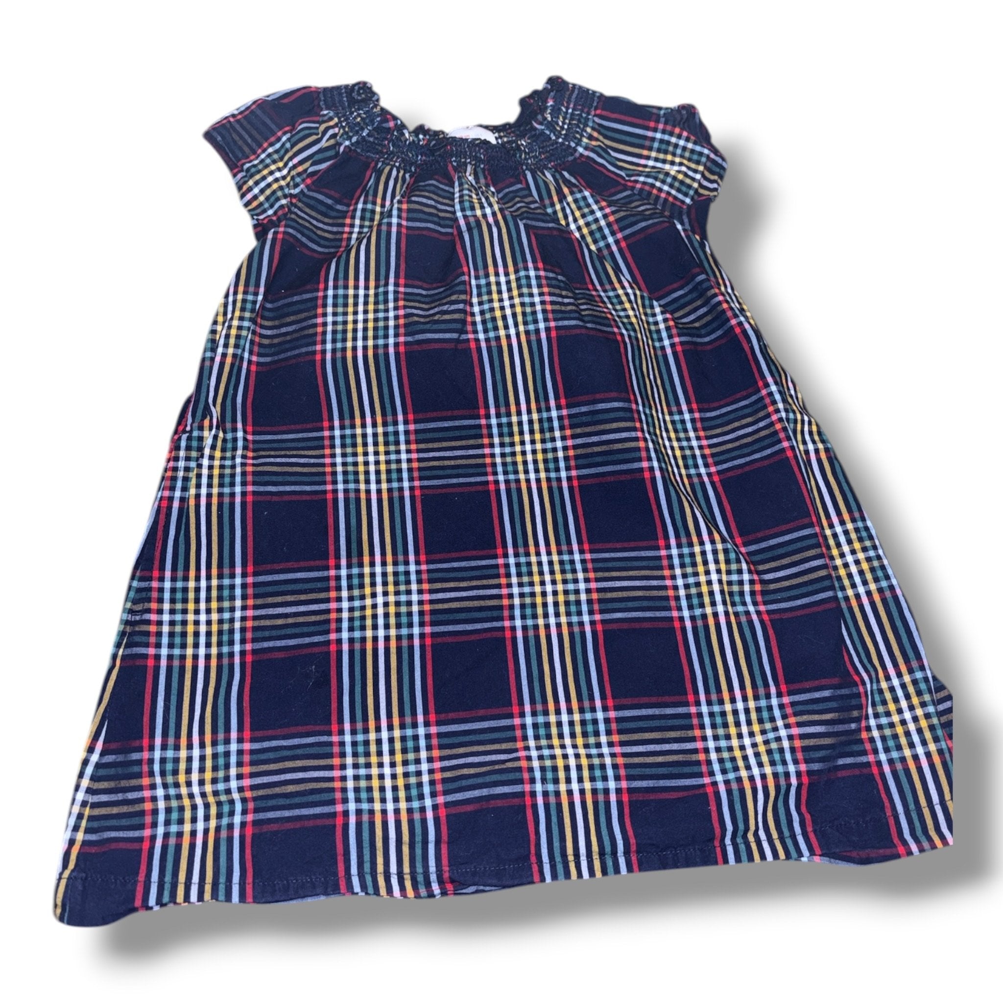 Size 5 Hanna Andersson navy cap-sleeve dress w/ red/white/green/yellow plaid Default Title / 5 / Girl