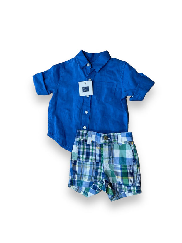Size 3-6 months Janie and Jack blue linen shirt and plaid shorts NWT Default Title / 3-6 month / Boy