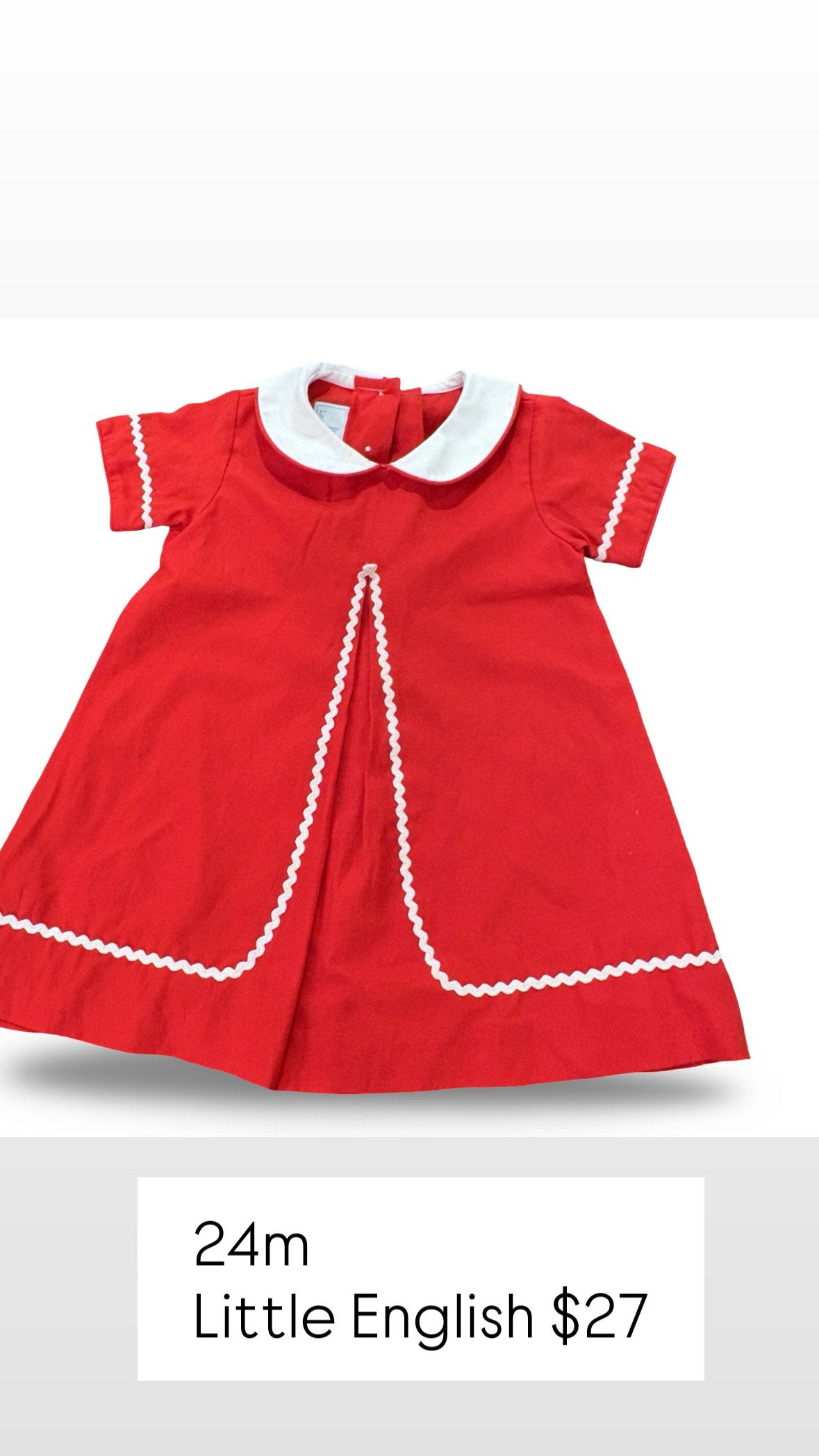 Size 24 month Little English red peter pan collar dress with front pleat and ric rac Default Title / 2 / Girl