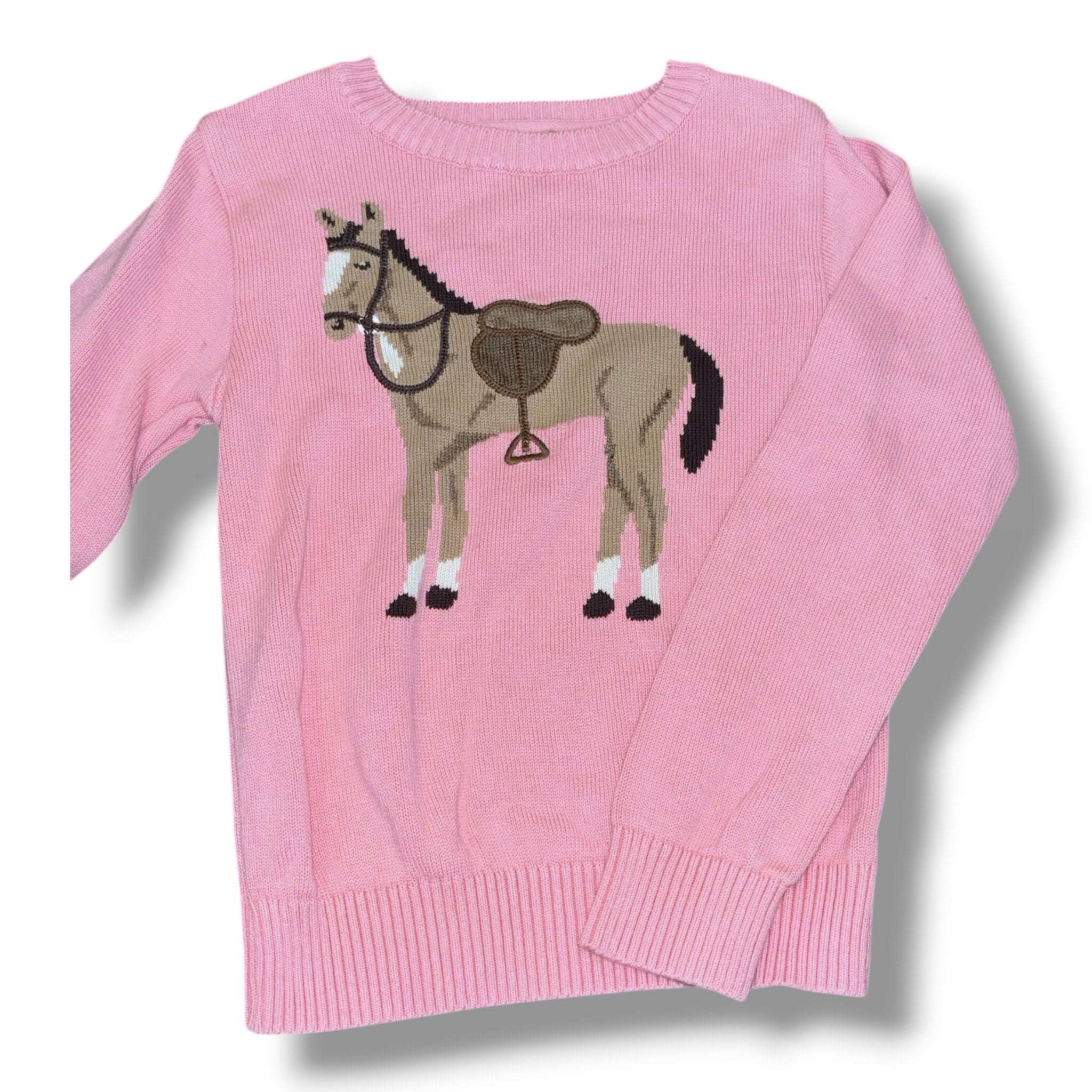 Size 8 EH Classic pink crewneck sweater w/ brown horse Default Title / 8 / Girl