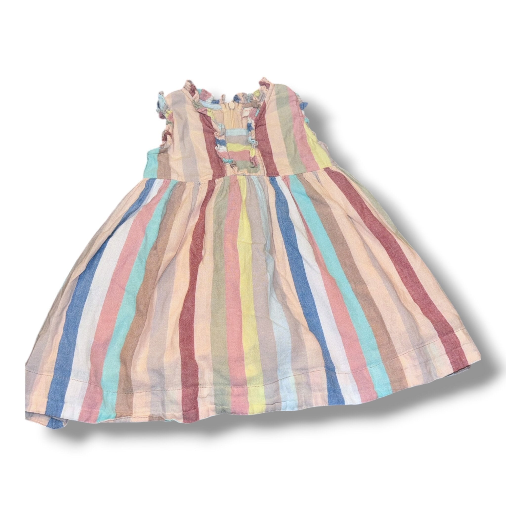 Size 12-18 month Pink Chicken muted red/yellow/teal/pink/tan striped dress w/ ruffle trim Default Title / 12-18 month / Girl