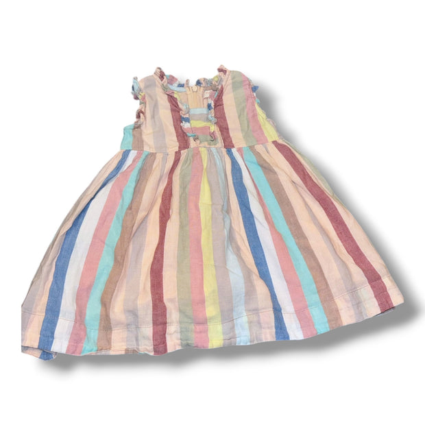 Size 12-18 month Pink Chicken muted red/yellow/teal/pink/tan striped dress w/ ruffle trim Default Title / 12-18 month / Girl
