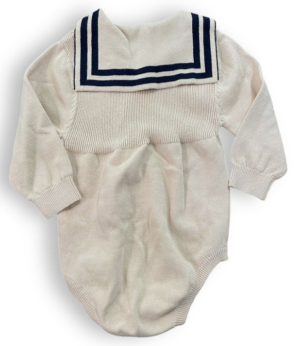 Size 9 month cream long sleeve knit bubble with navy stripe on collar Default Title / 9 month / Girl