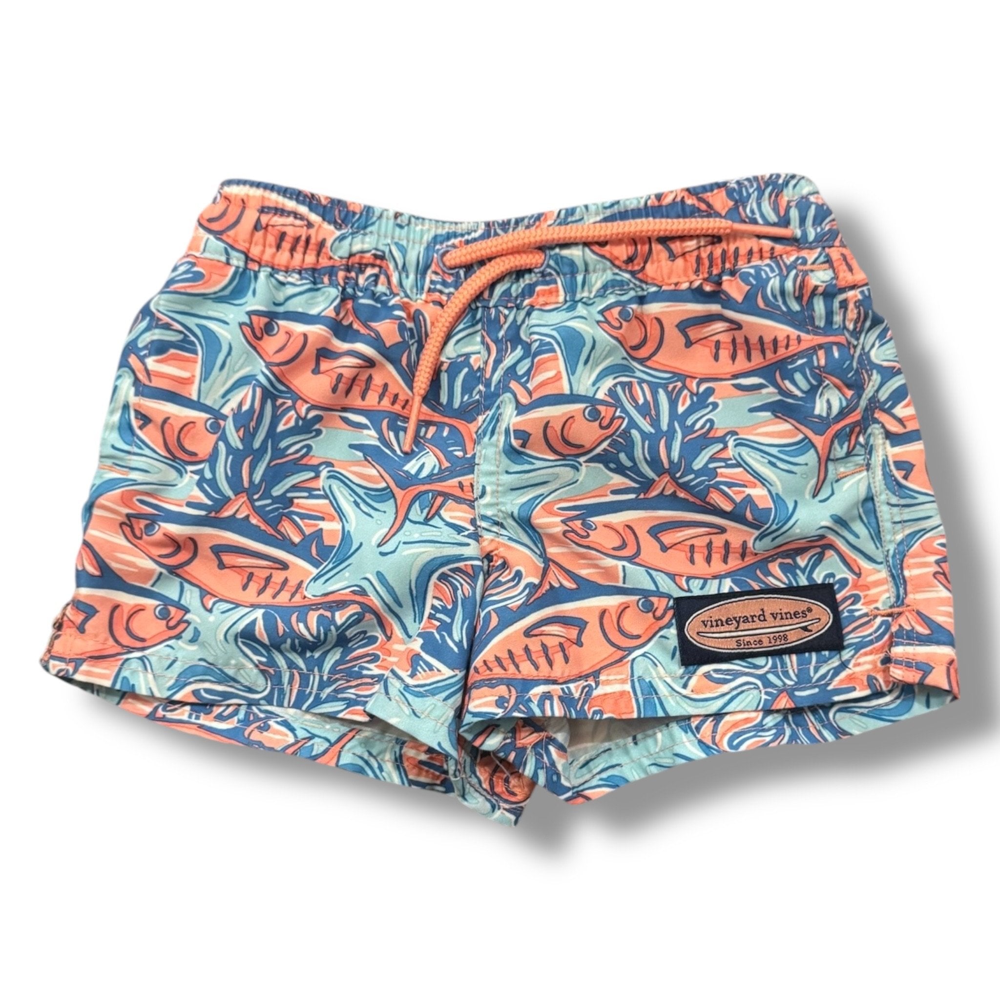 Size 3-6 month Vineyard Vines blue and coral pink fish swim trunks Default Title / 3-6 month / Boy