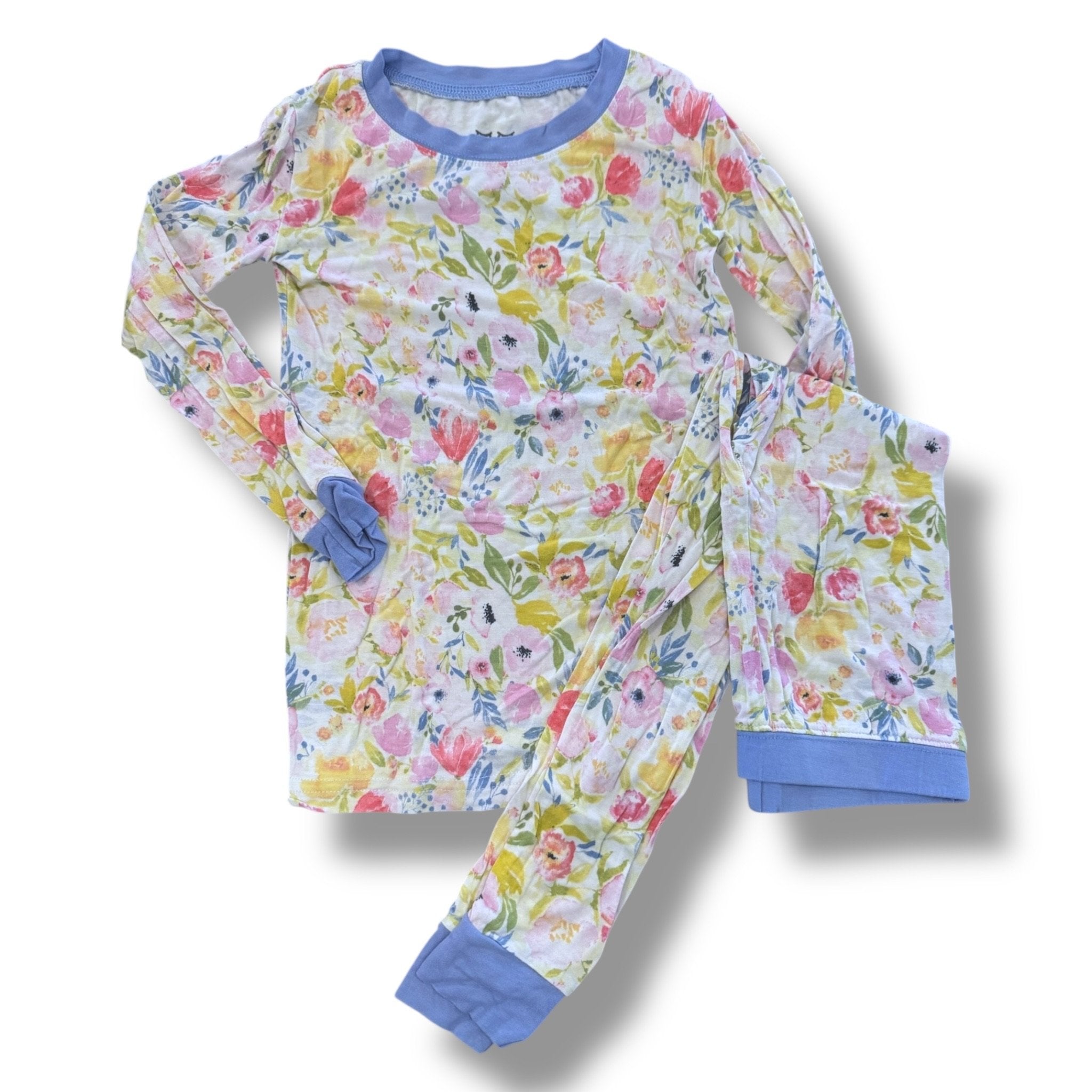 Size 4 Little Sleepies white floral pajamas with blue hem- light wear Default Title / 4 / Girl
