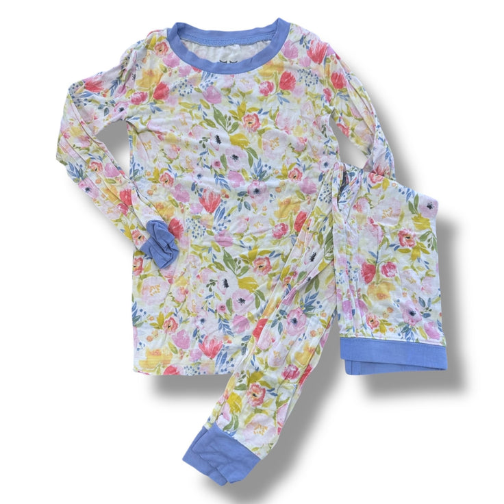 Size 4 Little Sleepies white floral pajamas with blue hem- light wear Default Title / 4 / Girl