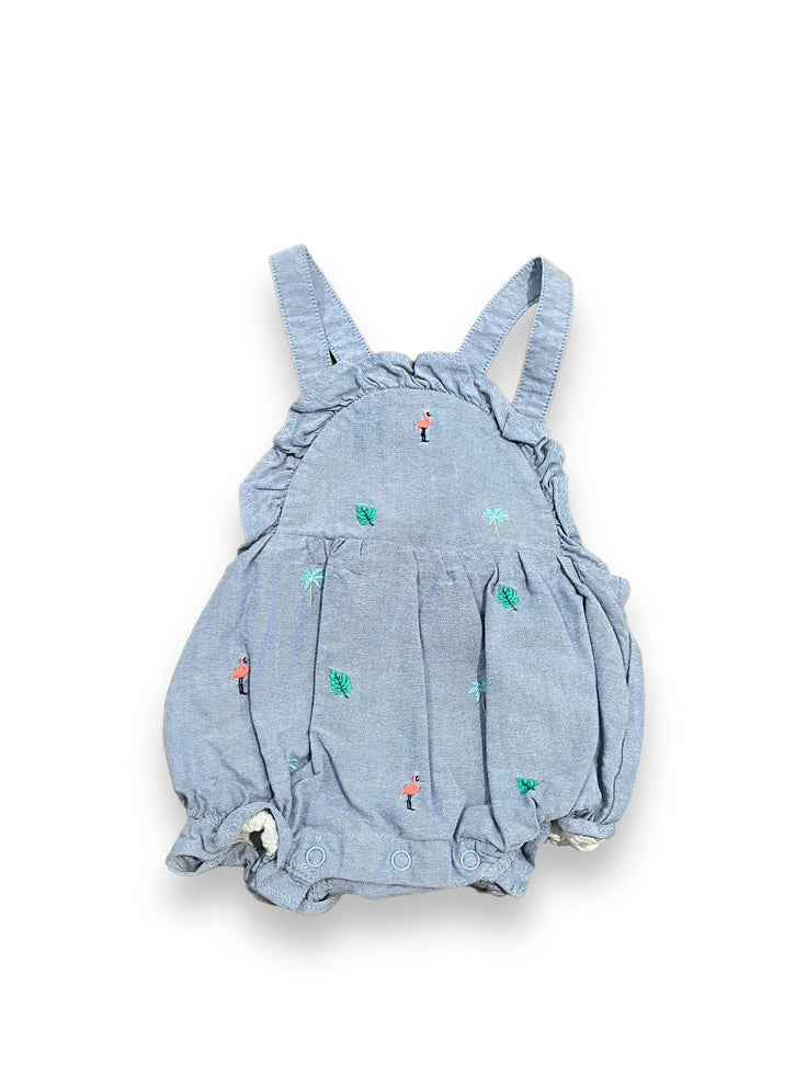 Size 0-3 Janie and Jack blue chambray bubble with flamingos and leaves Default Title / 0-3 month / Girl