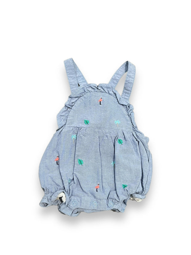 Size 0-3 Janie and Jack blue chambray bubble with flamingos and leaves Default Title / 0-3 month / Girl
