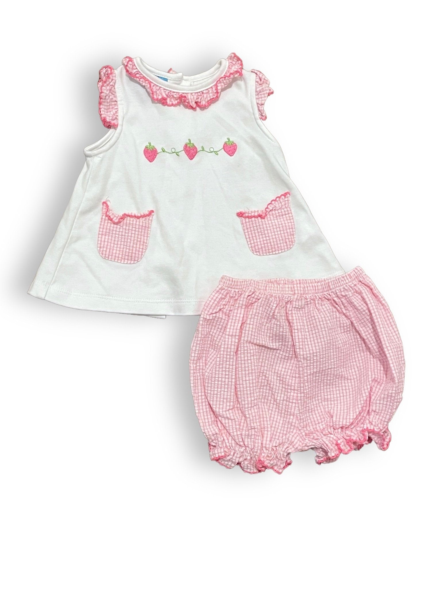 Size 6 month Anavini pink and white gingham shorts & white top with strawberries Default Title / 6 month / Girl