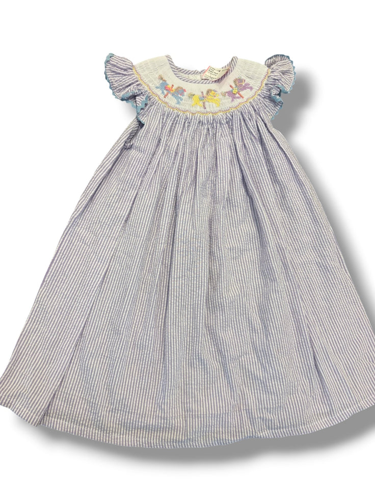 Size 12 month Sugar Plum purple/white seersucker bishop dress W/ smocked carousel horses NWT Default Title / 12 / Girl