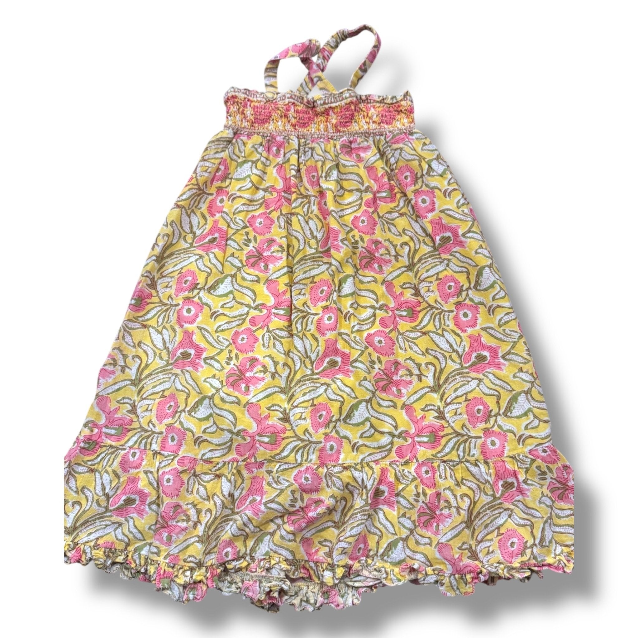 Size 3 Louise Misha yellow and pink block print smocked dress- overall wear Default Title / 3 / Girl