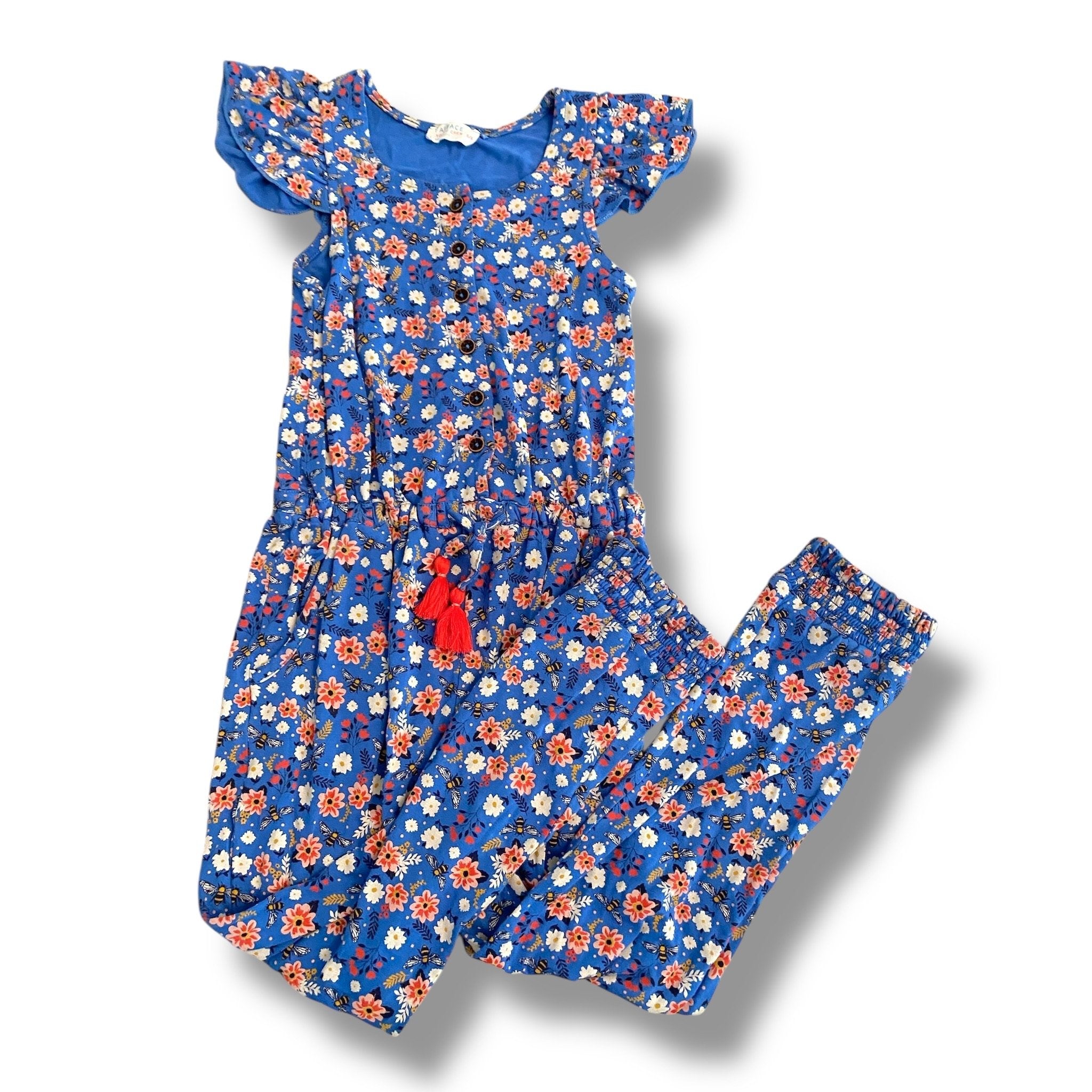 Size 5-6 Fat Face blue floral jumpsuit with red tassel at waist Default Title / 6-May / Girl