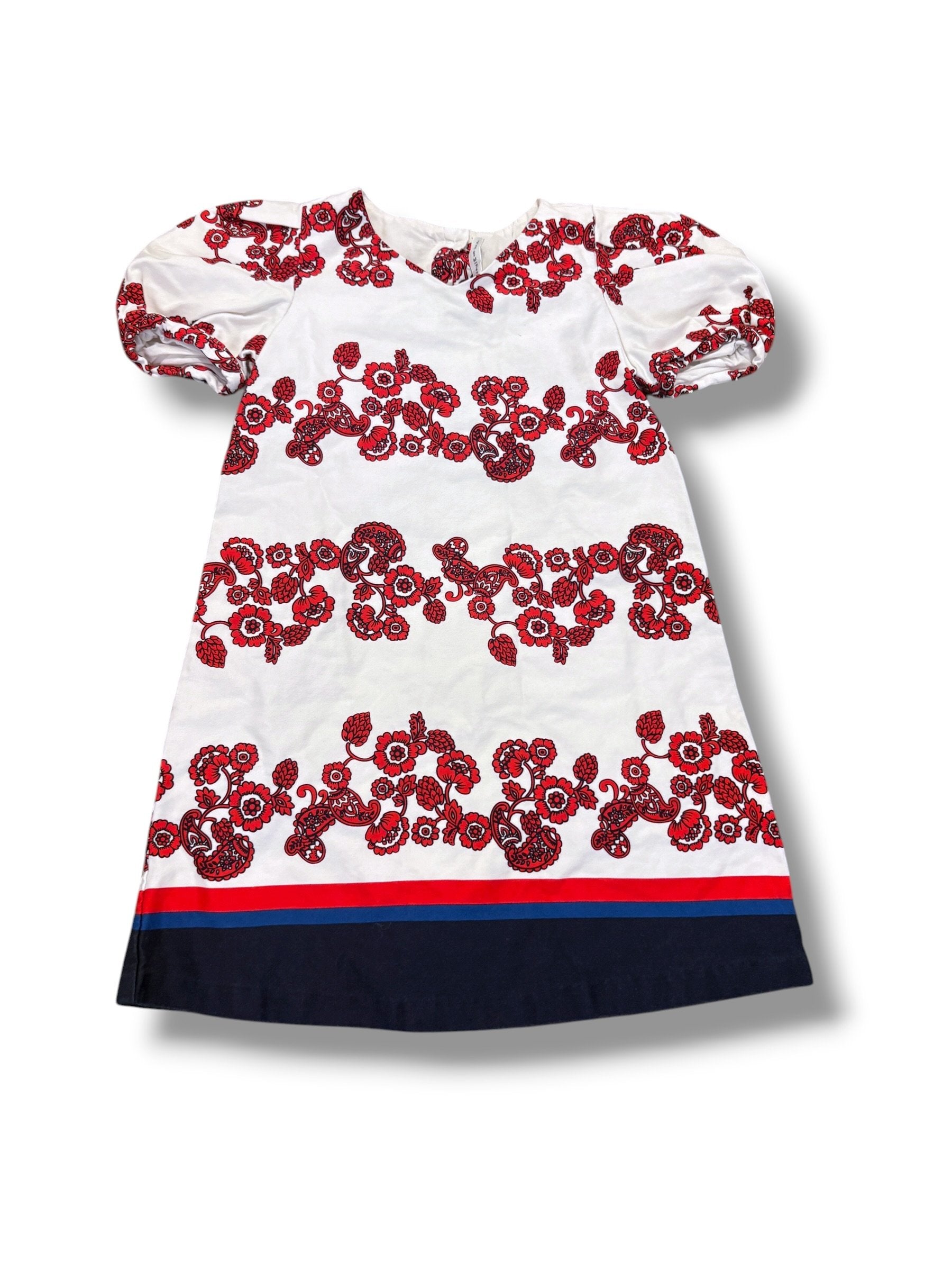 Size 6 Janie and Jack white structured cotton dress w/ red/navy paisley stripes, red/blue/navy trim Default Title / 6 / Girl