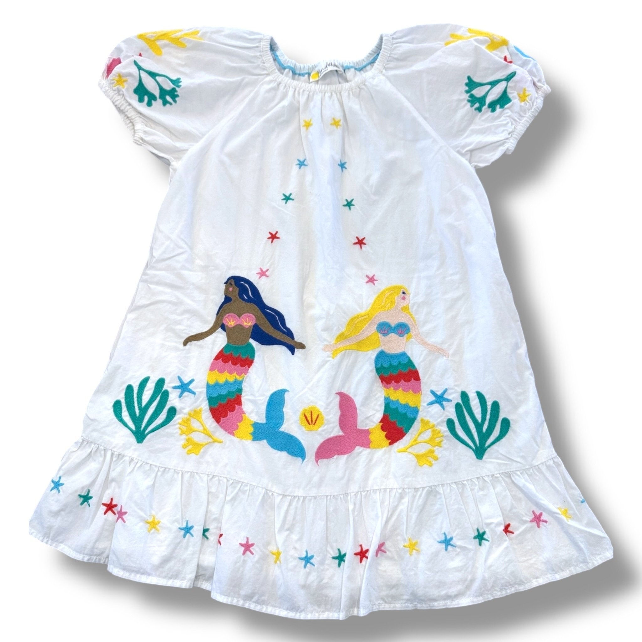 Size 4-5 Boden white dress with embroidered mermaids- small untreated stain Default Title / 5-Apr / Girl