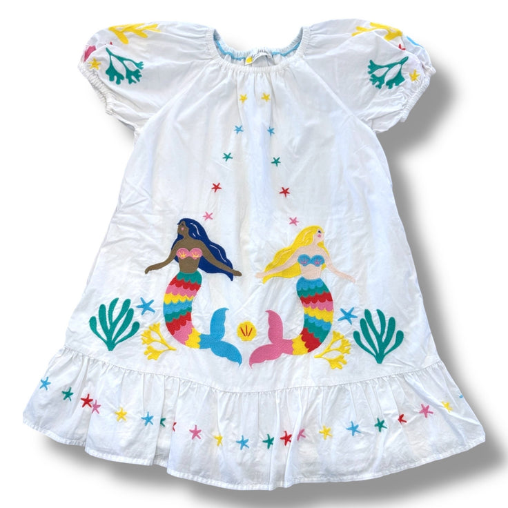 Size 4-5 Boden white dress with embroidered mermaids- small untreated stain Default Title / 5-Apr / Girl