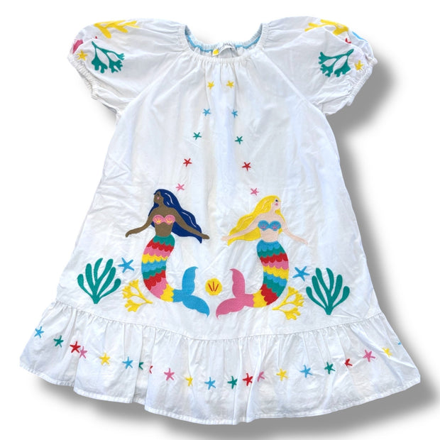 Size 4-5 Boden white dress with embroidered mermaids- small untreated stain Default Title / 5-Apr / Girl