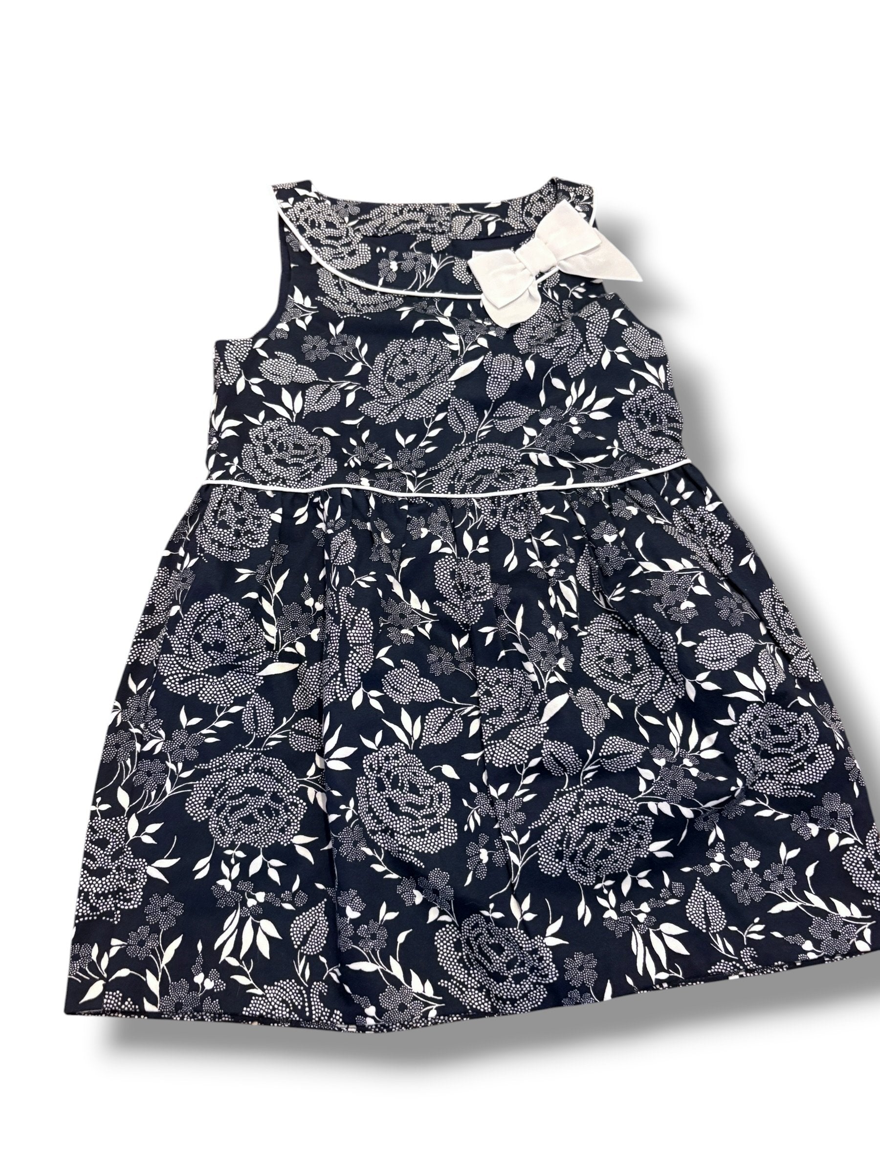 Size 3 Janie and Jack navy/white floral dress w/ white bow at neck Default Title / 3 / Girl