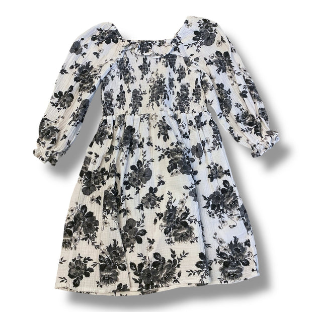 Size 5 Cotton on Kids black and white floral smocked long sleeve dress Default Title / 5 / Girl