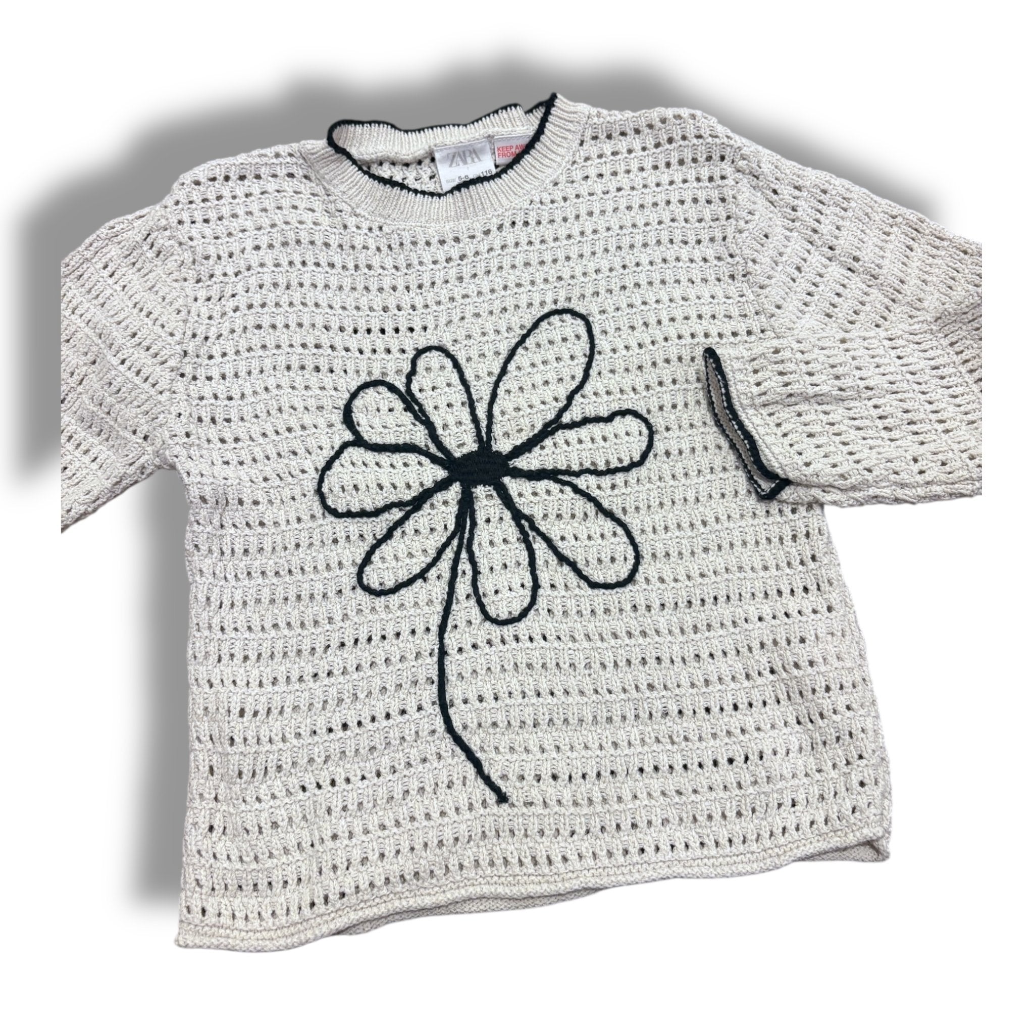 Size 5-6 Zara white open knit sweater with black flower and black trim Default Title / 6-May / Girl