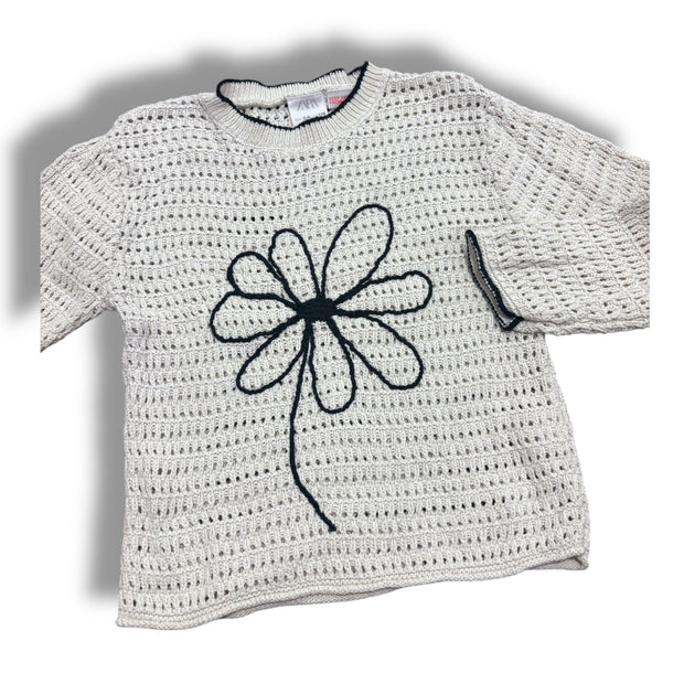 Size 5-6 Zara white open knit sweater with black flower and black trim Default Title / 6-May / Girl