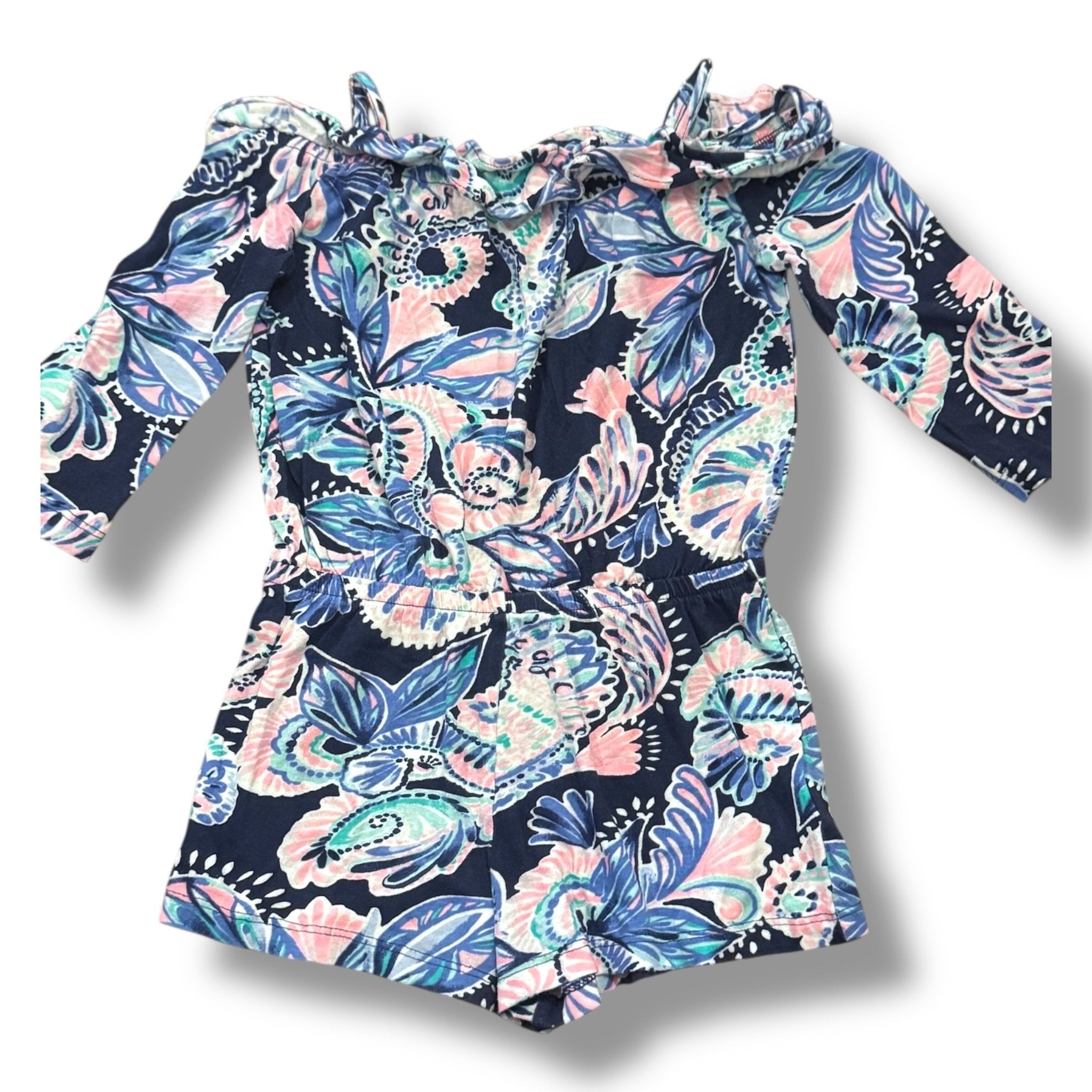 Size 4-5 Lilly Pulitzer navy, blue and pink off the shoulder romper Default Title / 5-Apr / Girl