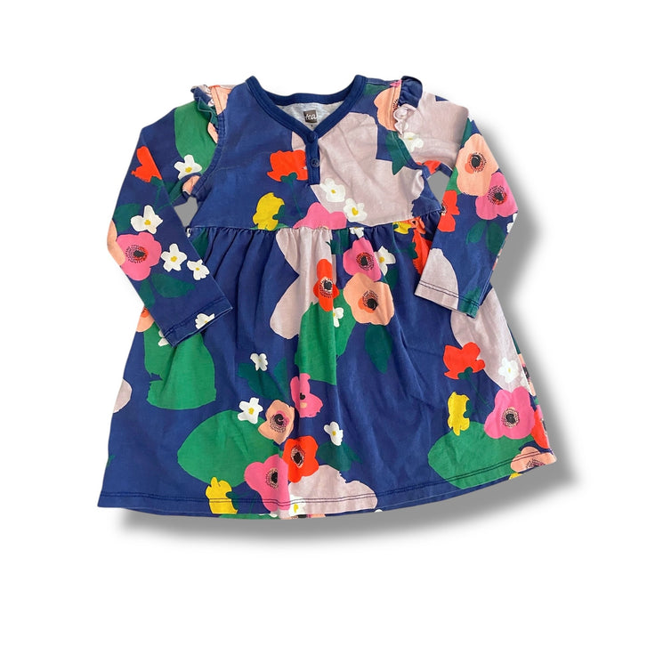 Size 2 Tea Collection blue long sleeve dress with bright flowers and button at the neckline Default Title / 2 / Girl