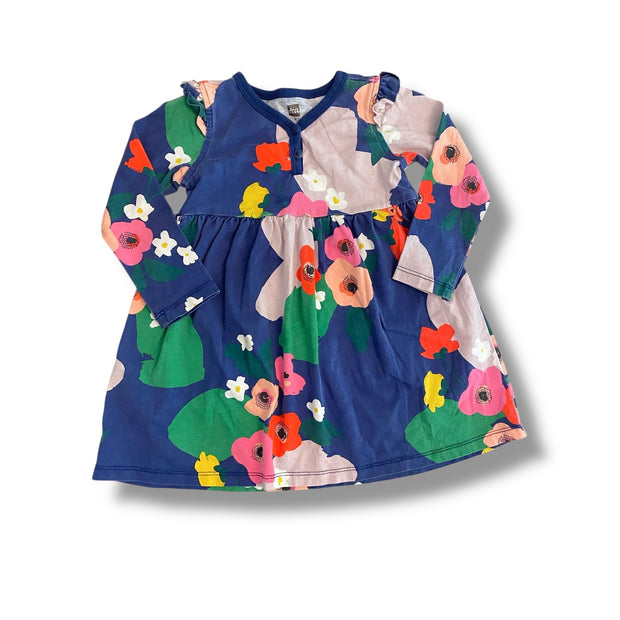 Size 2 Tea Collection blue long sleeve dress with bright flowers and button at the neckline Default Title / 2 / Girl