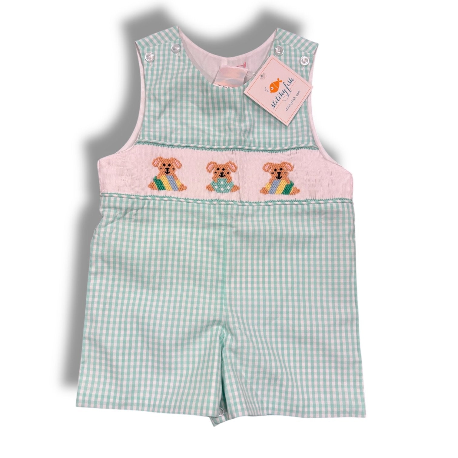 Size 9 month Stitchy Fish teal and white gingham shortall with smocked bunnies holding eggs - NWT Default Title / 9 month / Boy