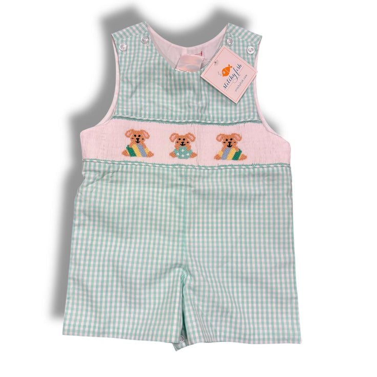 Size 9 month Stitchy Fish teal and white gingham shortall with smocked bunnies holding eggs - NWT Default Title / 9 month / Boy