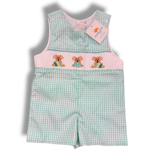 Size 9 month Stitchy Fish teal and white gingham shortall with smocked bunnies holding eggs - NWT Default Title / 9 month / Boy