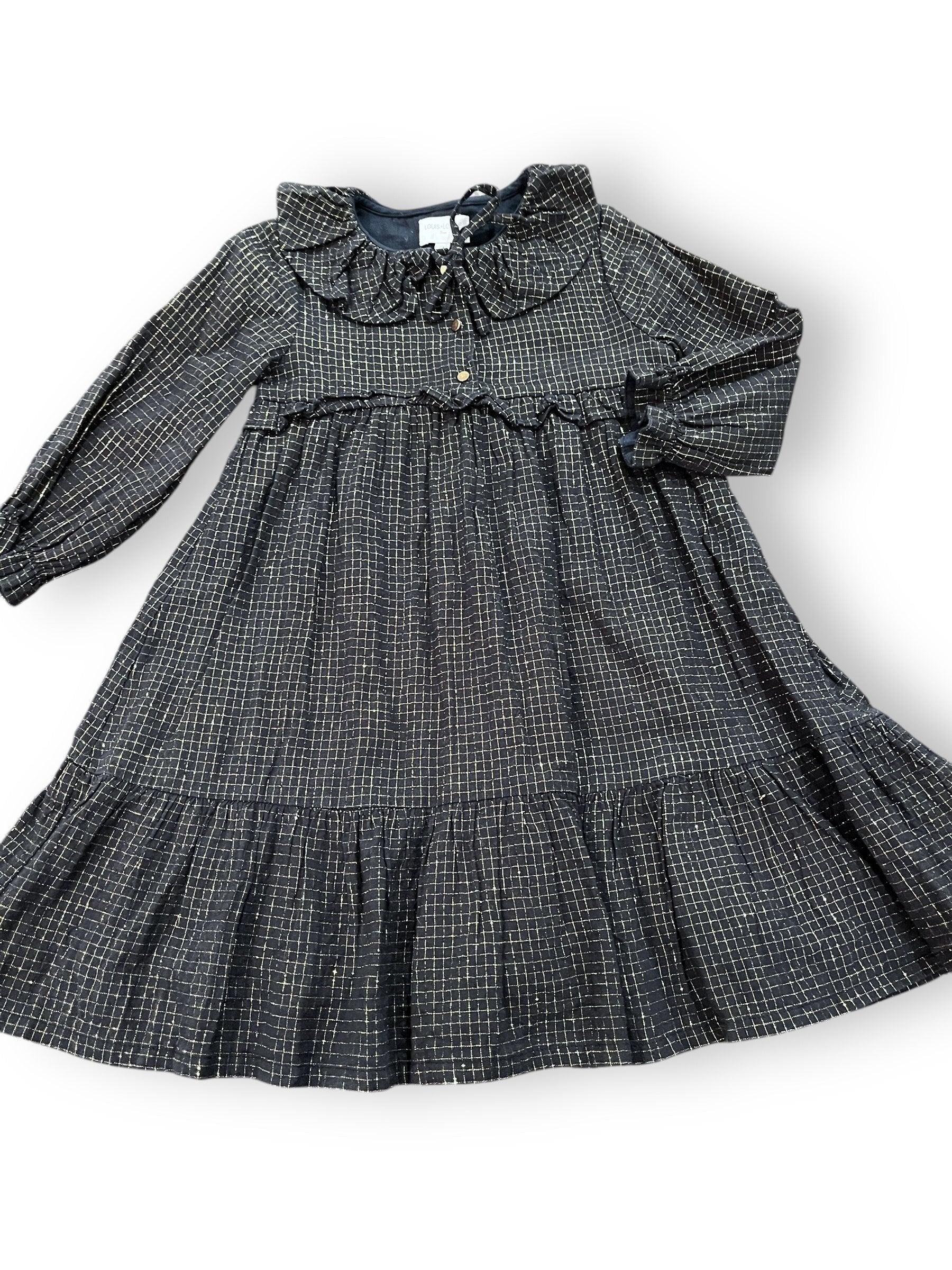 Size 3 Louis and louisa black and gold window pane long sleeve dress, ruffle neck Default Title / 3 / Girl