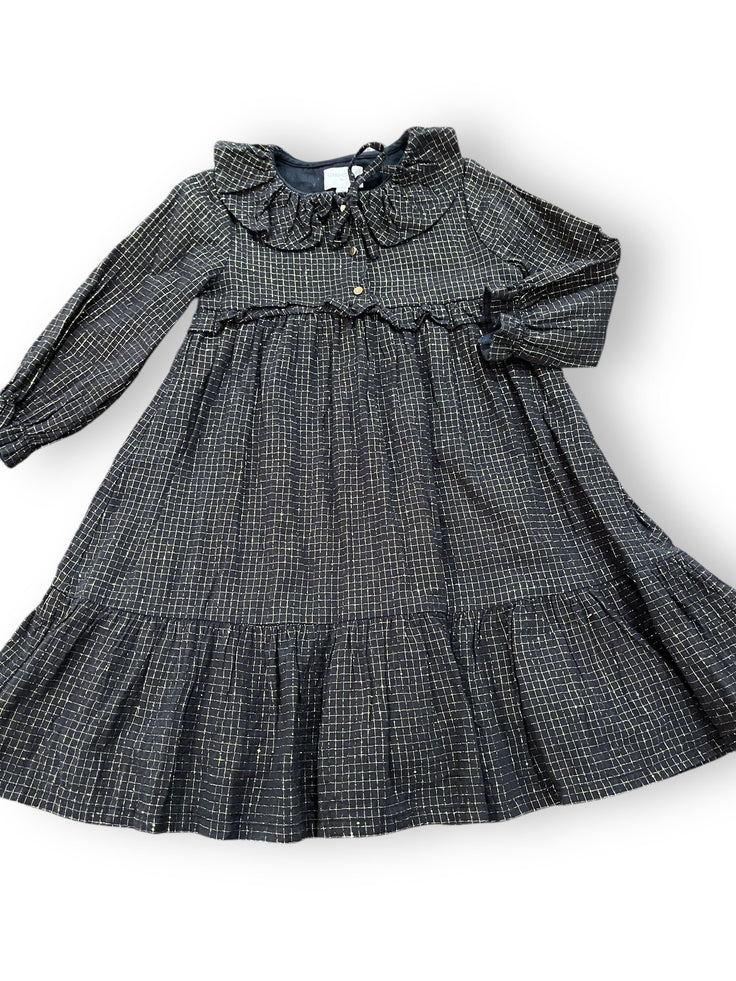 Size 3 Louis and louisa black and gold window pane long sleeve dress, ruffle neck Default Title / 3 / Girl
