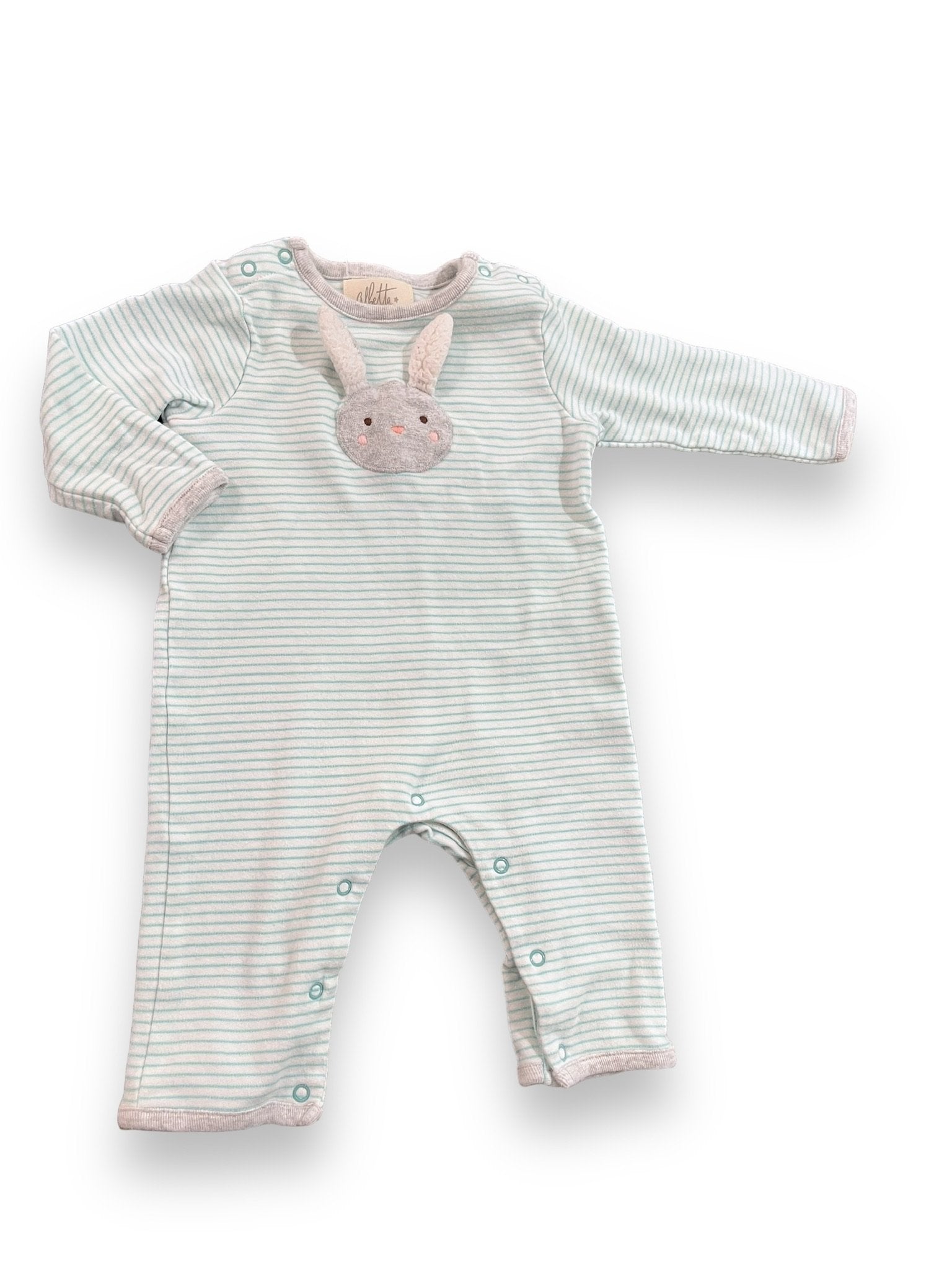 Size 3-6 month Albetta white/green stripe playsuit with crochet floppy ear bunny Default Title / 3-6 month / Boy