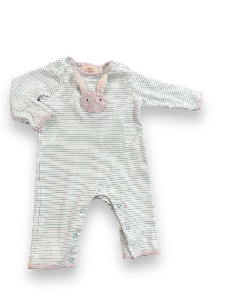 Size 3-6 month Albetta white/green stripe playsuit with crochet floppy ear bunny Default Title / 3-6 month / Boy
