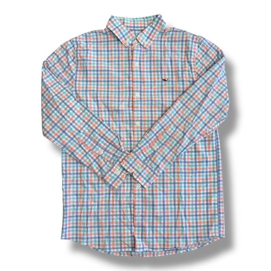 Size 12-14 Vineyard Vines pastel mint/blue/coral plaid long sleeve button down shirt Default Title / 14-Dec / Boy