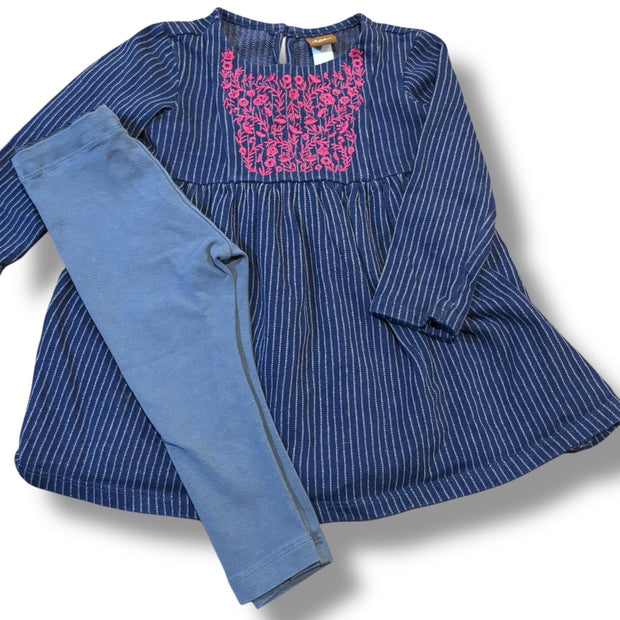 Size 9-12 month Tea Collection bundle - navy/light gray striped dress w/ magenta embroidery, magenta leggings Default Title / 9-12 month / Girl