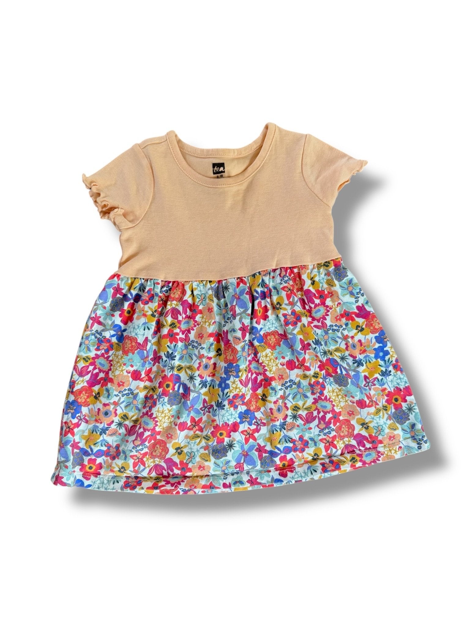 Size 12-18 month Tea Collection peach dress with mustard yellow, coral, bright pink and purple flower skirt Default Title / 12-18 month / Girl