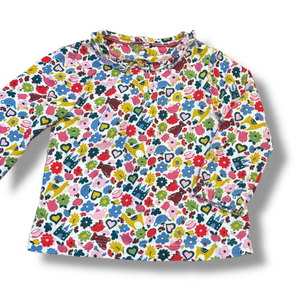 Size 6-12 month Boden white long sleeve w/ multicolored flowers, animals, tea cups Default Title / 6-12 month / Girl