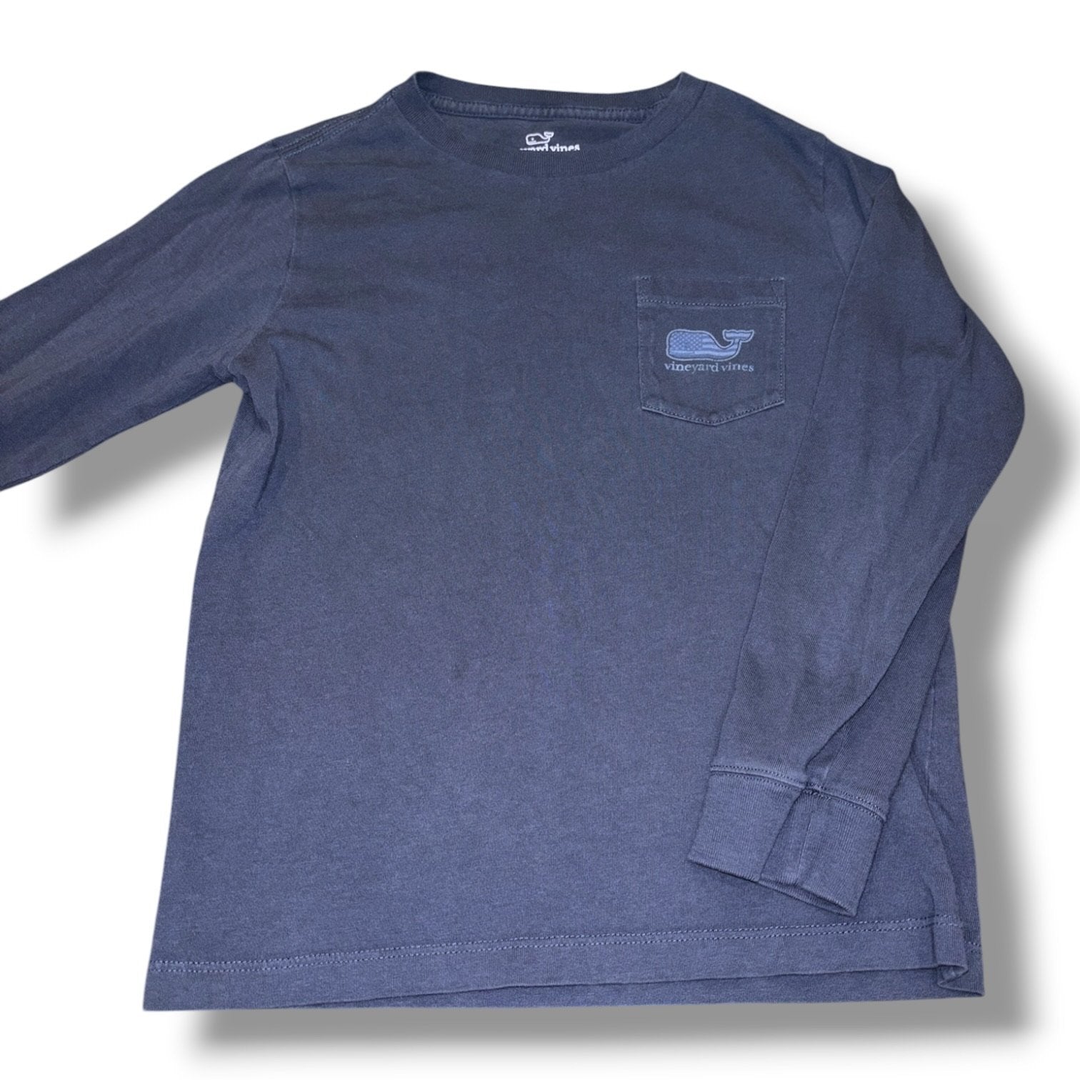 Size 6 Vineyard Vines slate gray long-sleeve pocket tee w/ white American flag whale Default Title / 6 / Boy