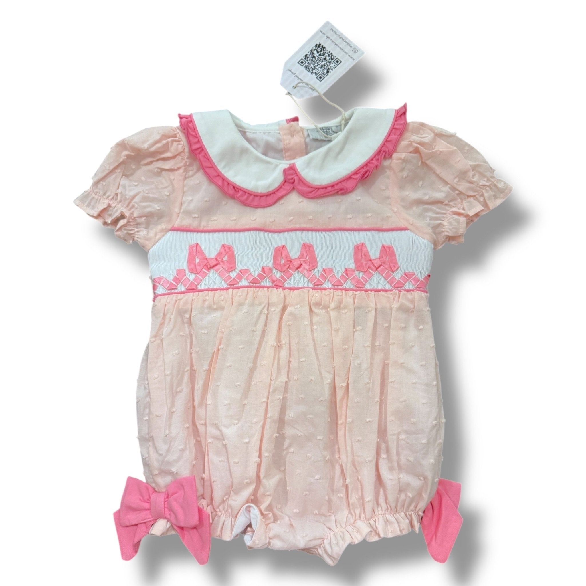 Size 12 month Savannah Smocks pink swiss dot smocked bubble with bows- NWT Default Title / 12 / Girl