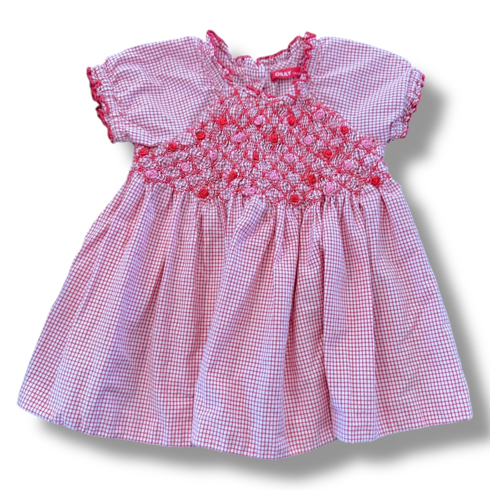 Size 12 month Oilily red and white gingham smocked dress with rose details Default Title / 12 / Girl
