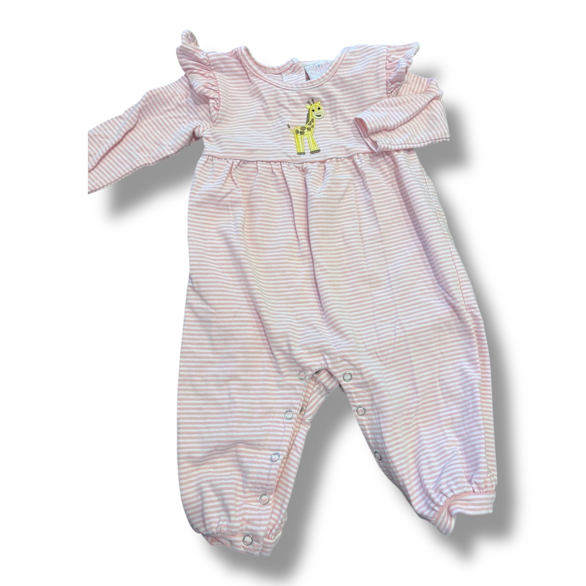 Size 6 month Stitchy ffish pink/white stripe knite romper with giraffe Default Title / 6 month / Girl