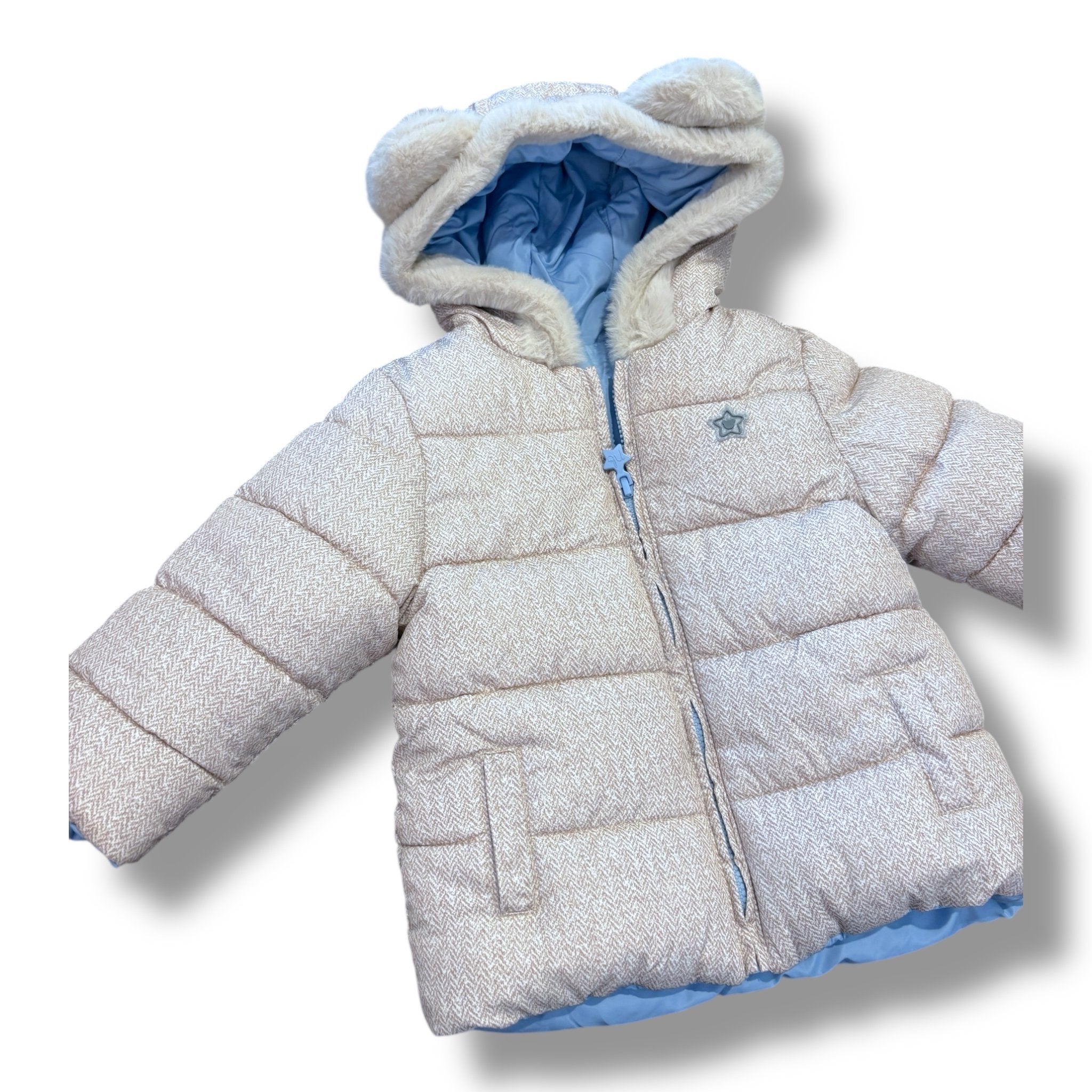 Size 3-6 month Mayoral light grey, blue lined bear ear hooded winter coat with star on chest Default Title / 3-6 month / Boy