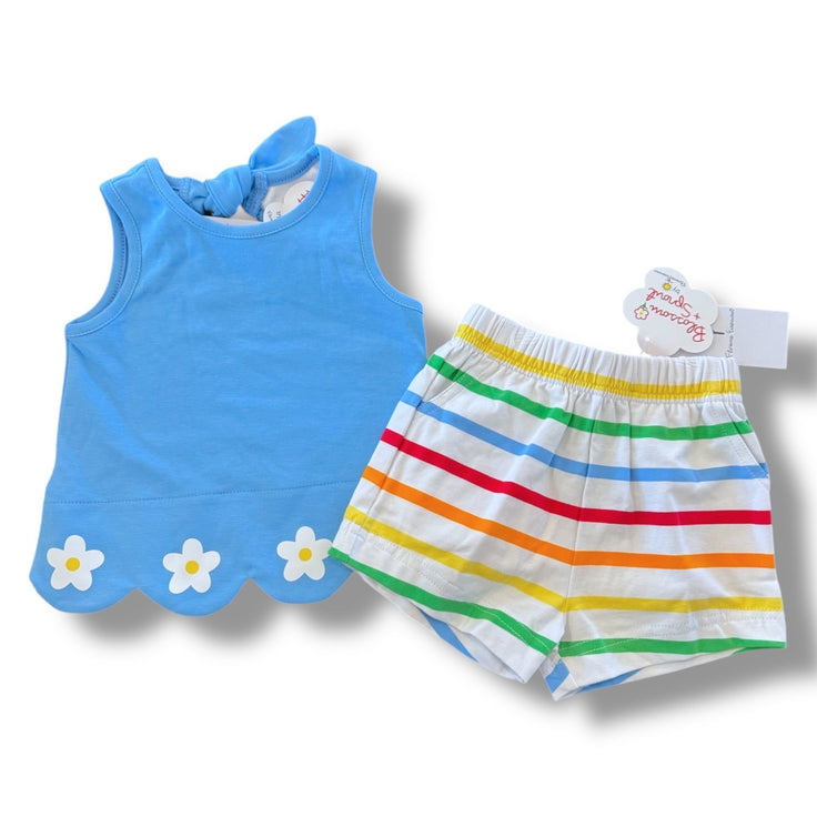 Size 12 month Blossom and Sprout by Florence Eiseman blue daisy tank with matching rainbow shorts set Default Title / 12 / Girl