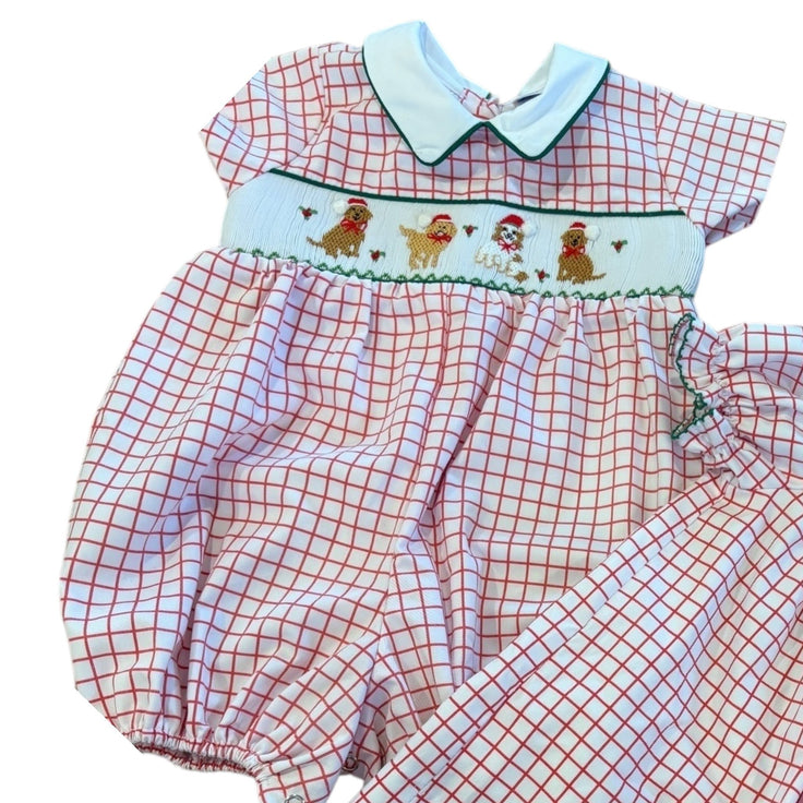 Size 9 month Lulu Bebe smocked dog romper red/white pattern Default Title / 9 month / Boy